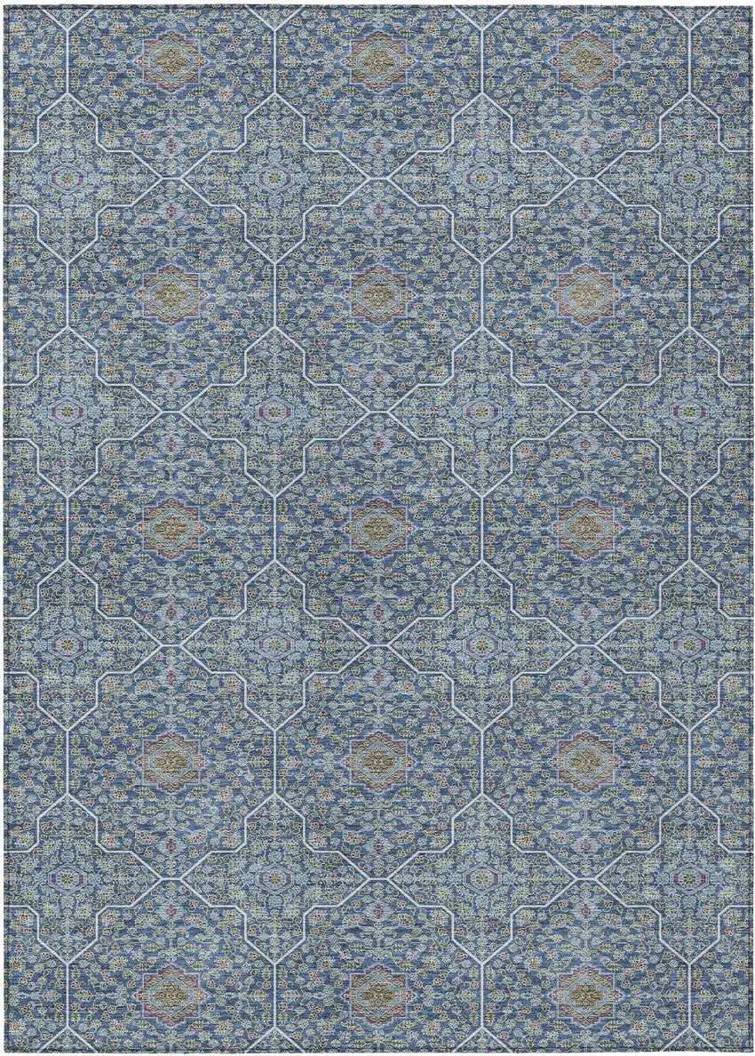 Navy Blue Ivory And Plum Oriental Washable Indoor Outdoor Area Rug Photo 1