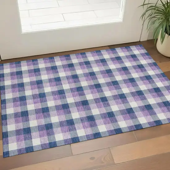 Navy Blue Ivory And Purple Plaid Washable Area Rug With UV Protection Photo 1