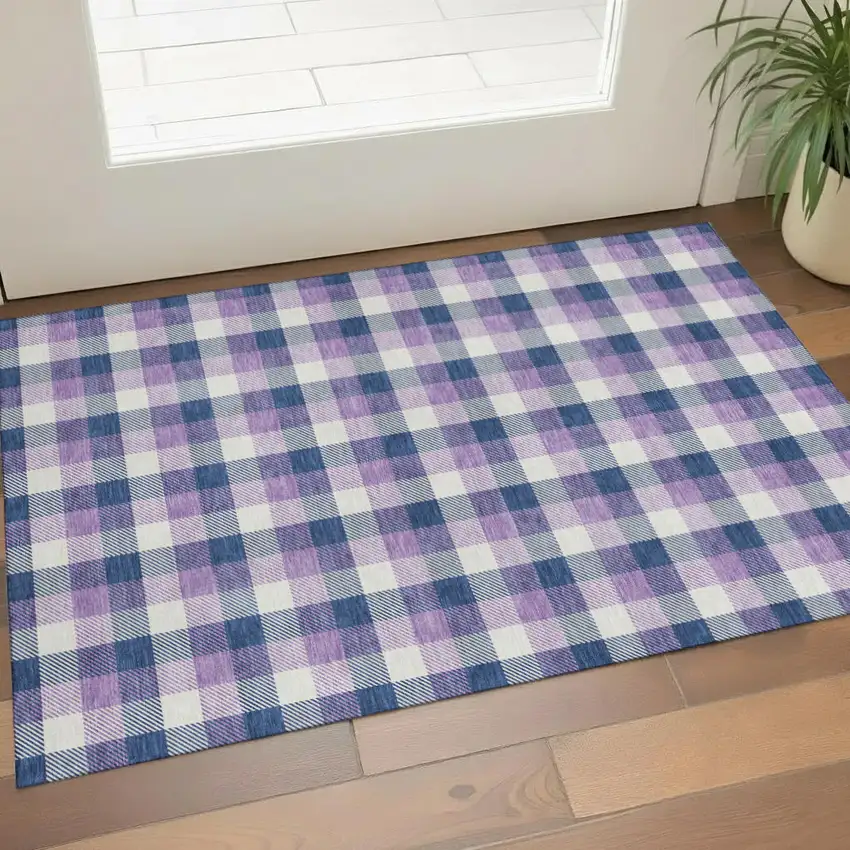 Navy Blue Ivory And Purple Plaid Washable Area Rug With UV Protection Photo 1