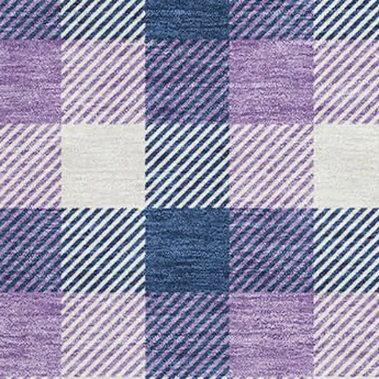 Navy Blue Ivory And Purple Plaid Washable Area Rug With UV Protection Photo 2