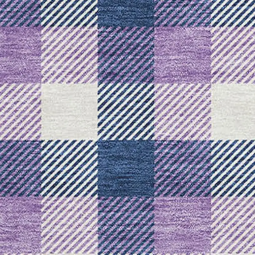 Navy Blue Ivory And Purple Plaid Washable Area Rug With UV Protection Photo 2