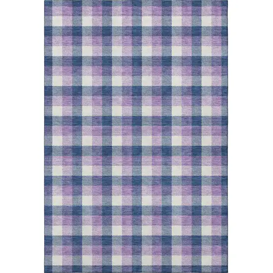 Navy Blue Ivory And Purple Plaid Washable Area Rug With UV Protection Photo 3