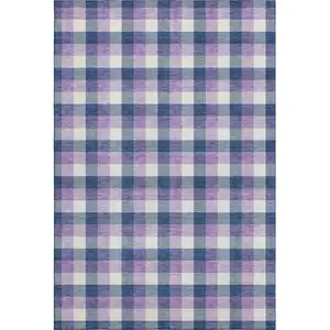 Photo of Navy Blue Ivory And Purple Plaid Washable Area Rug With UV Protection