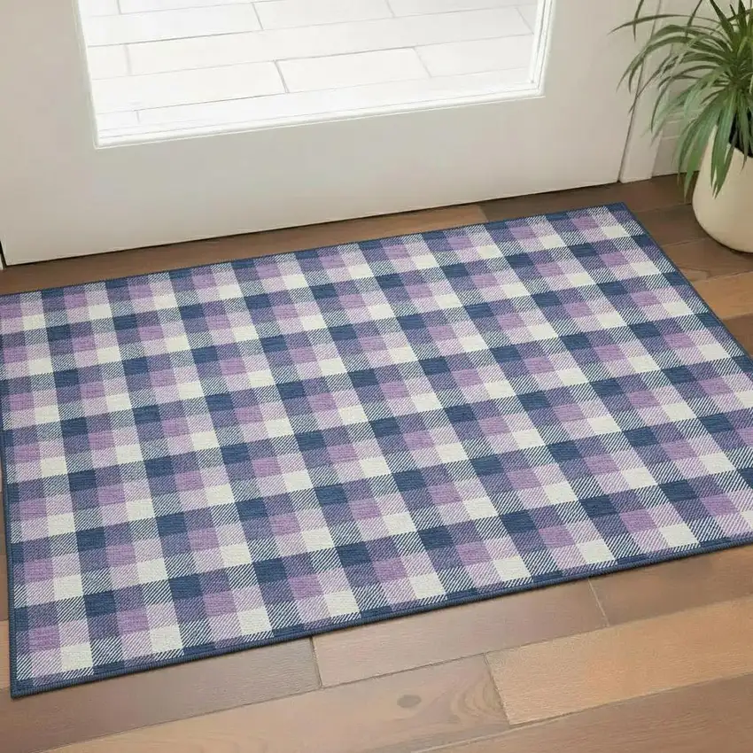 Navy Blue Ivory And Purple Plaid Washable Area Rug With UV Protection Photo 2