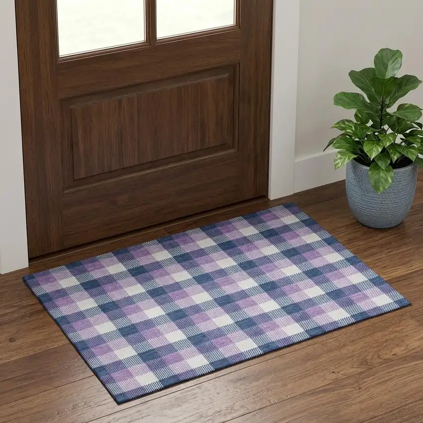 Navy Blue Ivory And Purple Plaid Washable Area Rug With UV Protection Photo 1