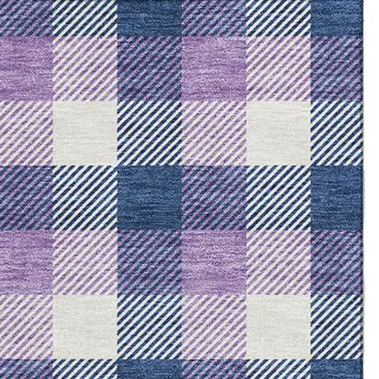 Navy Blue Ivory And Purple Plaid Washable Area Rug With UV Protection Photo 3