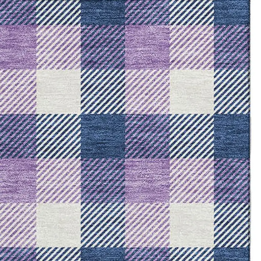 Navy Blue Ivory And Purple Plaid Washable Area Rug With UV Protection Photo 3