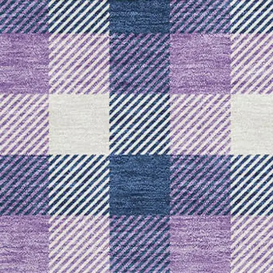 Navy Blue Ivory And Purple Plaid Washable Area Rug With UV Protection Photo 2