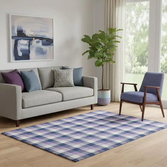Navy Blue Ivory And Purple Plaid Washable Area Rug With UV Protection Photo 2