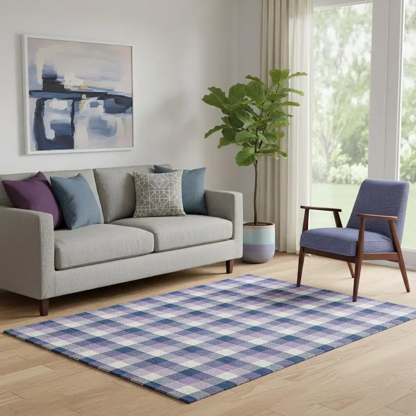 Navy Blue Ivory And Purple Plaid Washable Area Rug With UV Protection Photo 2