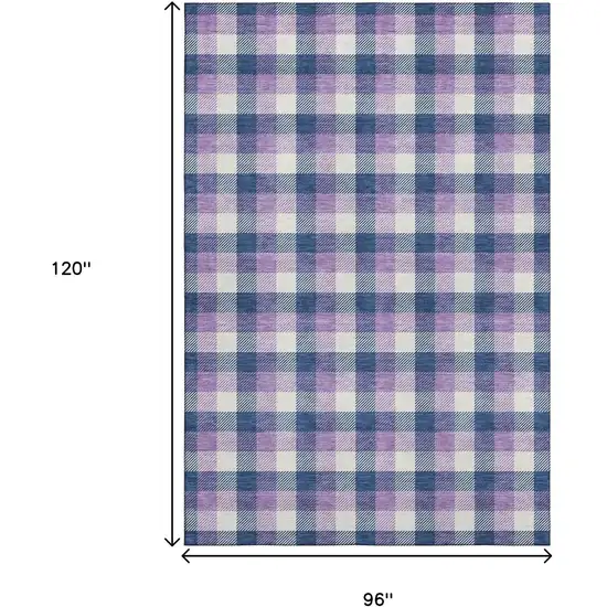 Navy Blue Ivory And Purple Plaid Washable Area Rug With UV Protection Photo 9
