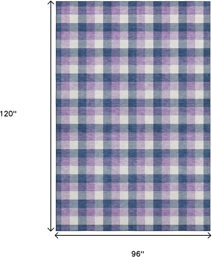 Navy Blue Ivory And Purple Plaid Washable Area Rug With UV Protection Photo 9