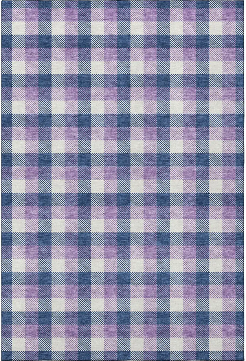 Navy Blue Ivory And Purple Plaid Washable Area Rug With UV Protection Photo 2