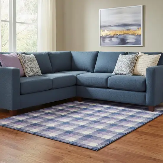 Navy Blue Ivory And Purple Plaid Washable Area Rug With UV Protection Photo 2