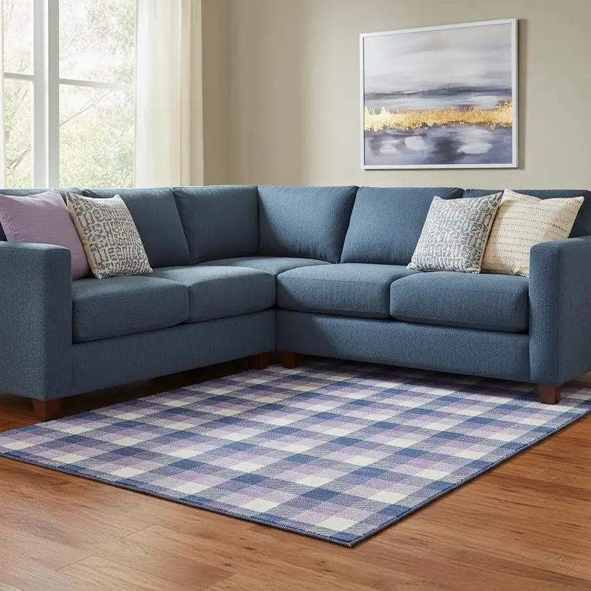 Navy Blue Ivory And Purple Plaid Washable Area Rug With UV Protection Photo 2