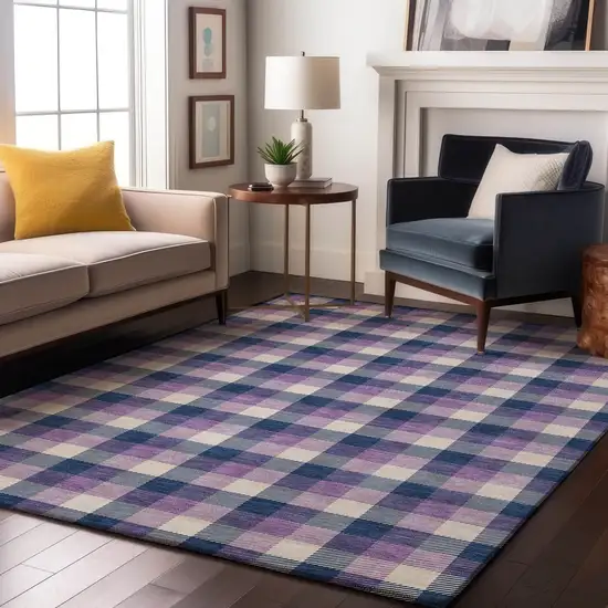 Navy Blue Ivory And Purple Plaid Washable Area Rug With UV Protection Photo 3