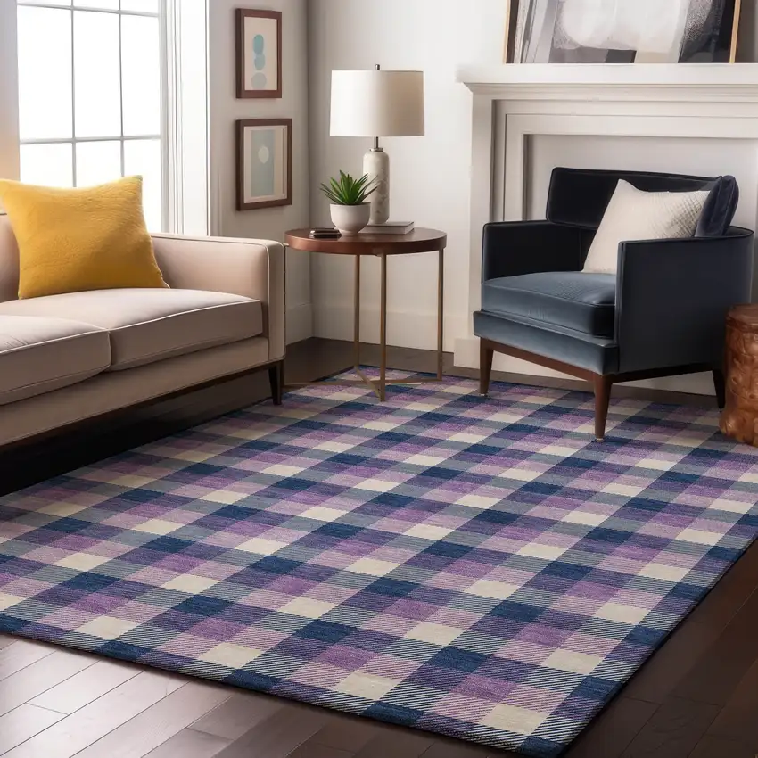 Navy Blue Ivory And Purple Plaid Washable Area Rug With UV Protection Photo 3