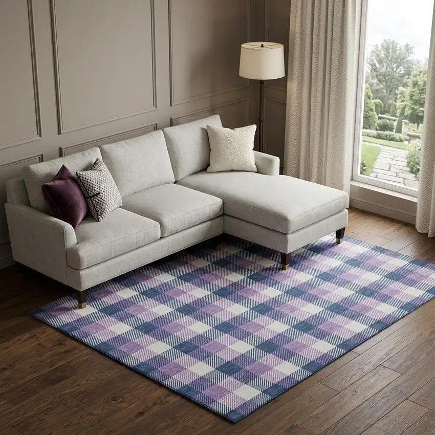 Navy Blue Ivory And Purple Plaid Washable Area Rug With UV Protection Photo 1