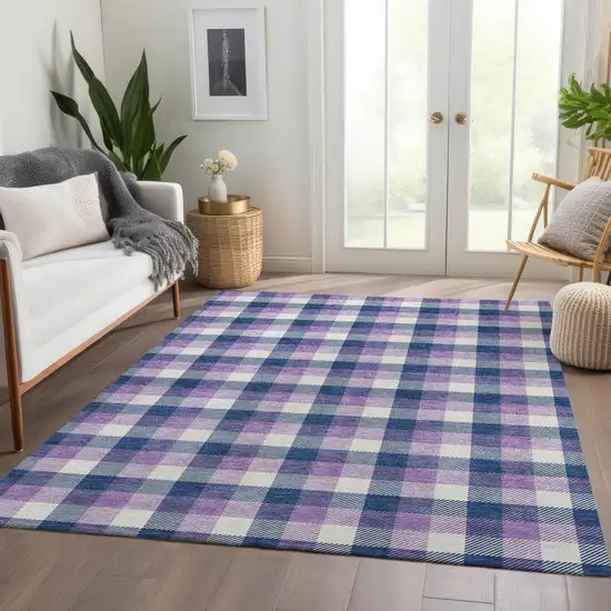 Navy Blue Ivory And Purple Plaid Washable Area Rug With UV Protection Photo 4