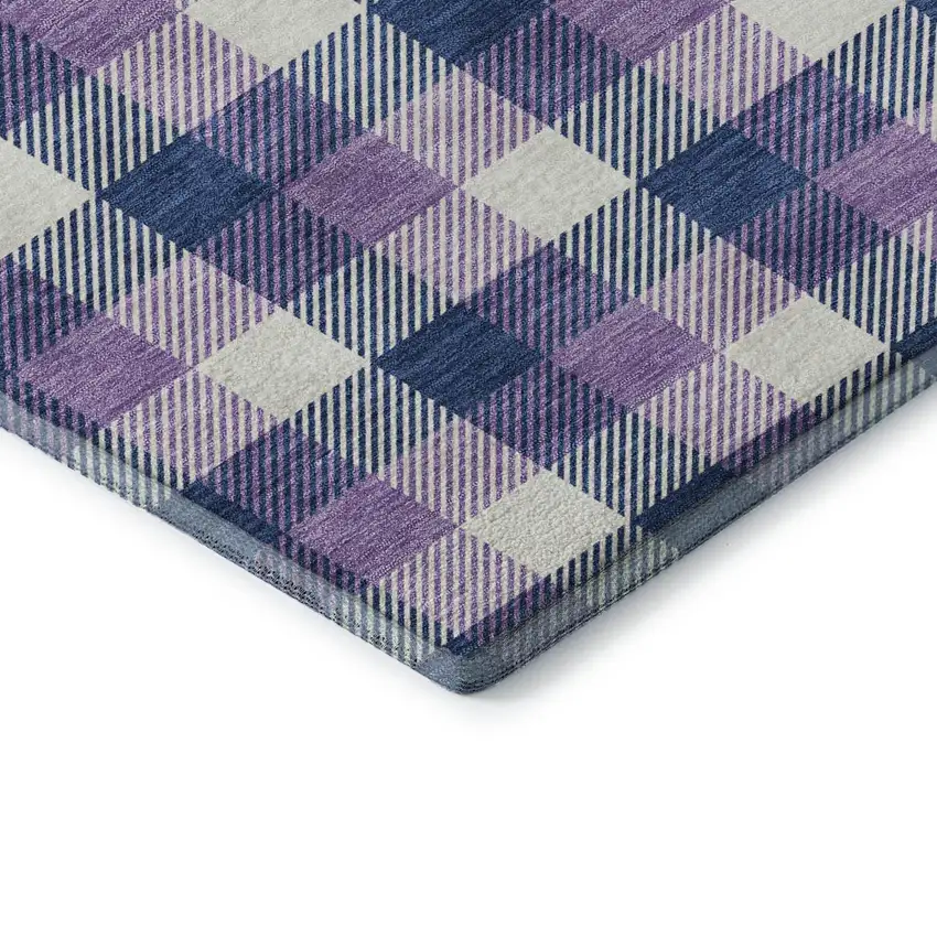 Navy Blue Ivory And Purple Plaid Washable Area Rug With UV Protection Photo 7