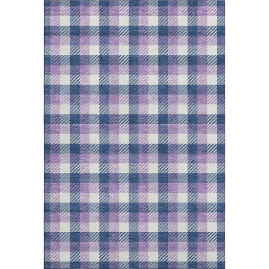 Navy Blue Ivory And Purple Plaid Washable Area Rug With UV Protection Photo 1