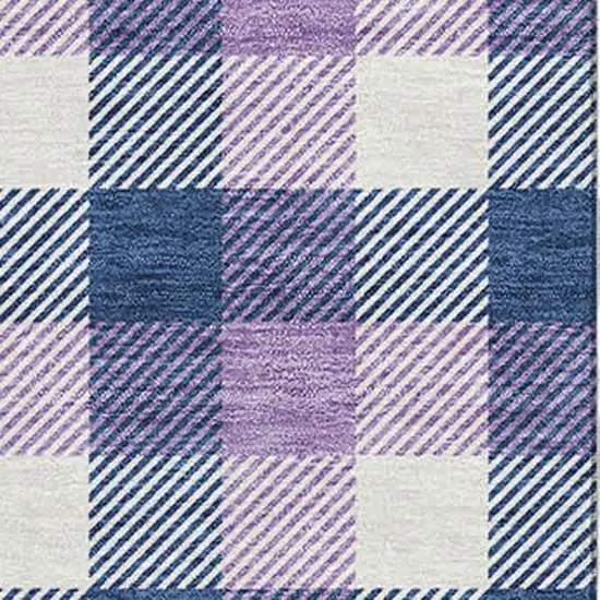 Navy Blue Ivory And Purple Plaid Washable Area Rug With UV Protection Photo 2