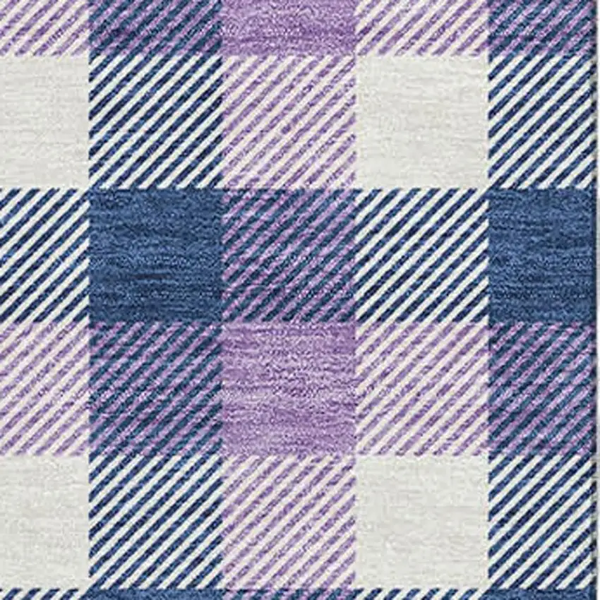 Navy Blue Ivory And Purple Plaid Washable Area Rug With UV Protection Photo 2
