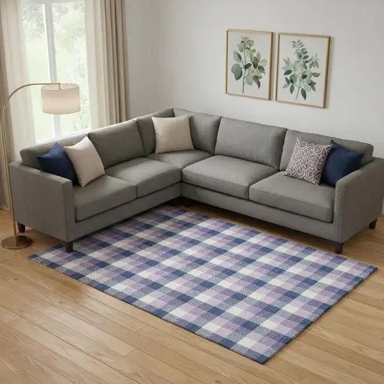 Navy Blue Ivory And Purple Plaid Washable Area Rug With UV Protection Photo 2