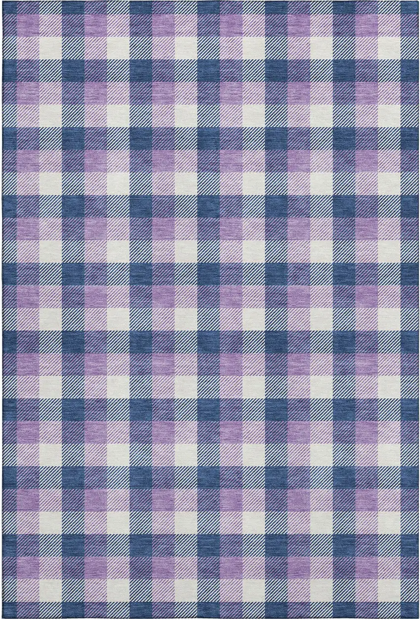 Navy Blue Ivory And Purple Plaid Washable Area Rug With UV Protection Photo 1