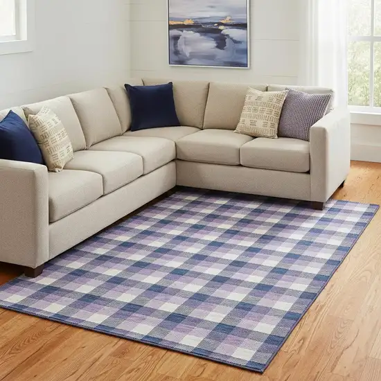 Navy Blue Ivory And Purple Plaid Washable Area Rug With UV Protection Photo 2