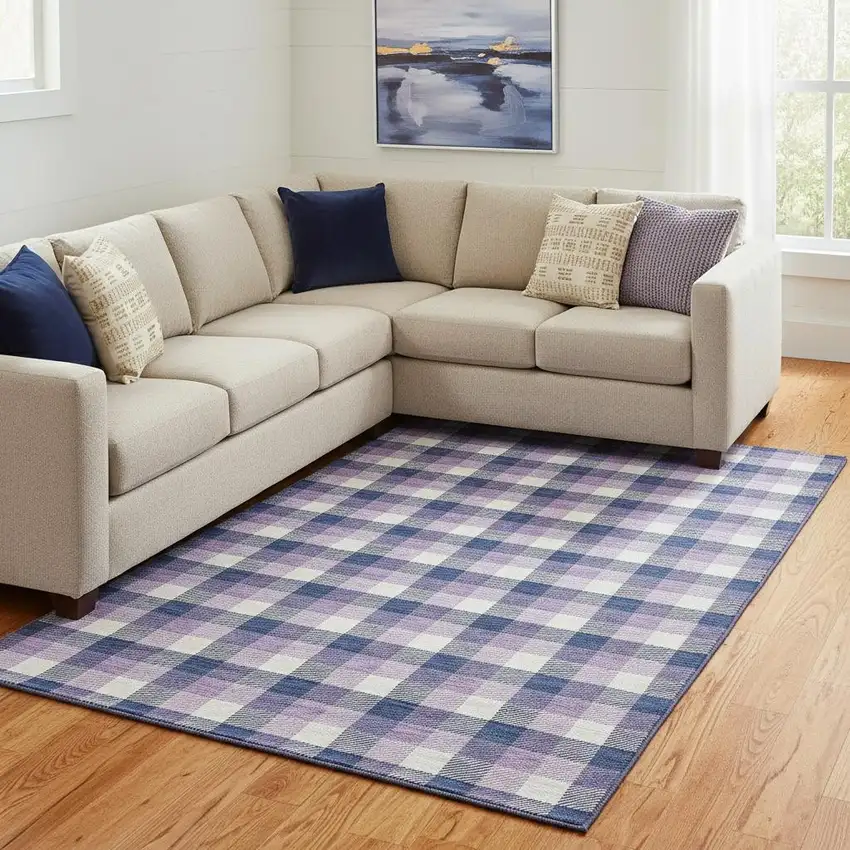 Navy Blue Ivory And Purple Plaid Washable Area Rug With UV Protection Photo 2