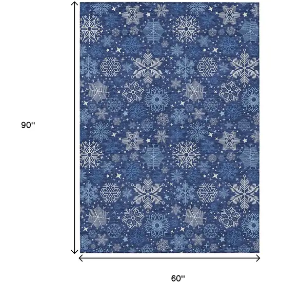 Navy Blue Ivory And Sky Blue Snowflake Washable Indoor Outdoor Area Rug Photo 9