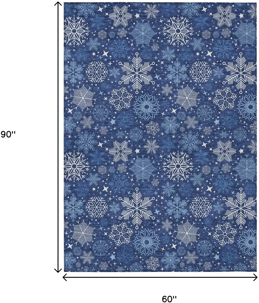 Navy Blue Ivory And Sky Blue Snowflake Washable Indoor Outdoor Area Rug Photo 9
