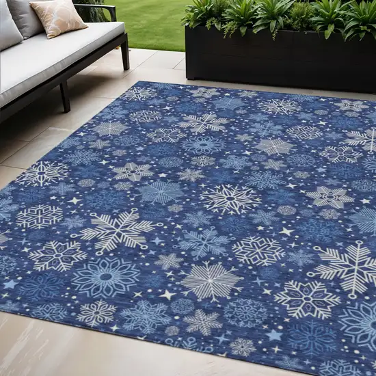 Navy Blue Ivory And Sky Blue Medallion Washable Indoor Outdoor Area Rug Photo 2