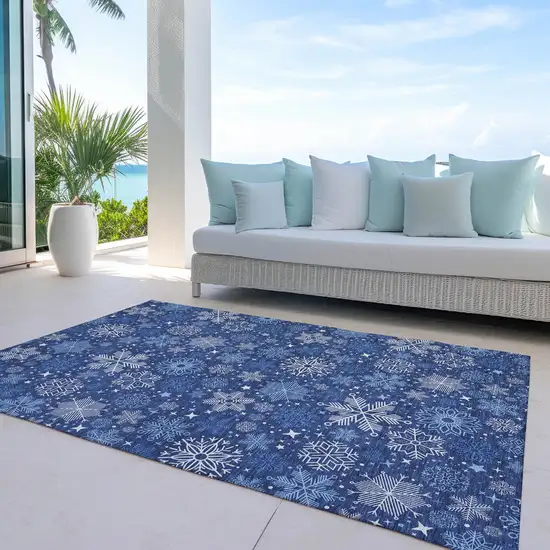 Navy Blue Ivory And Sky Blue Medallion Washable Indoor Outdoor Area Rug Photo 4