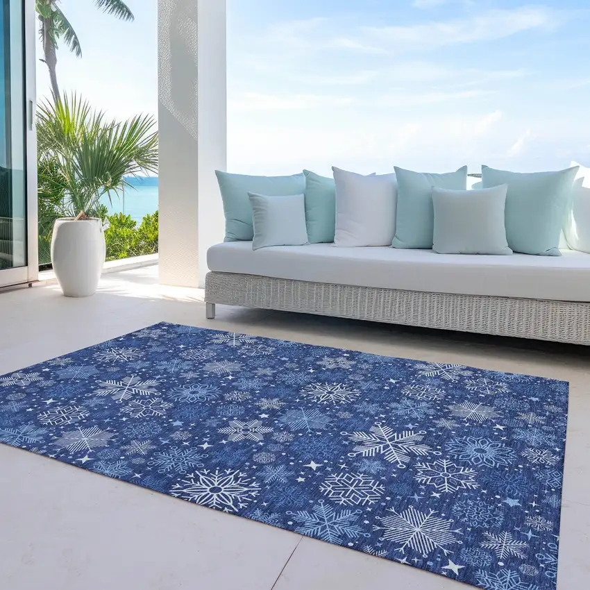 Navy Blue Ivory And Sky Blue Medallion Washable Indoor Outdoor Area Rug Photo 4