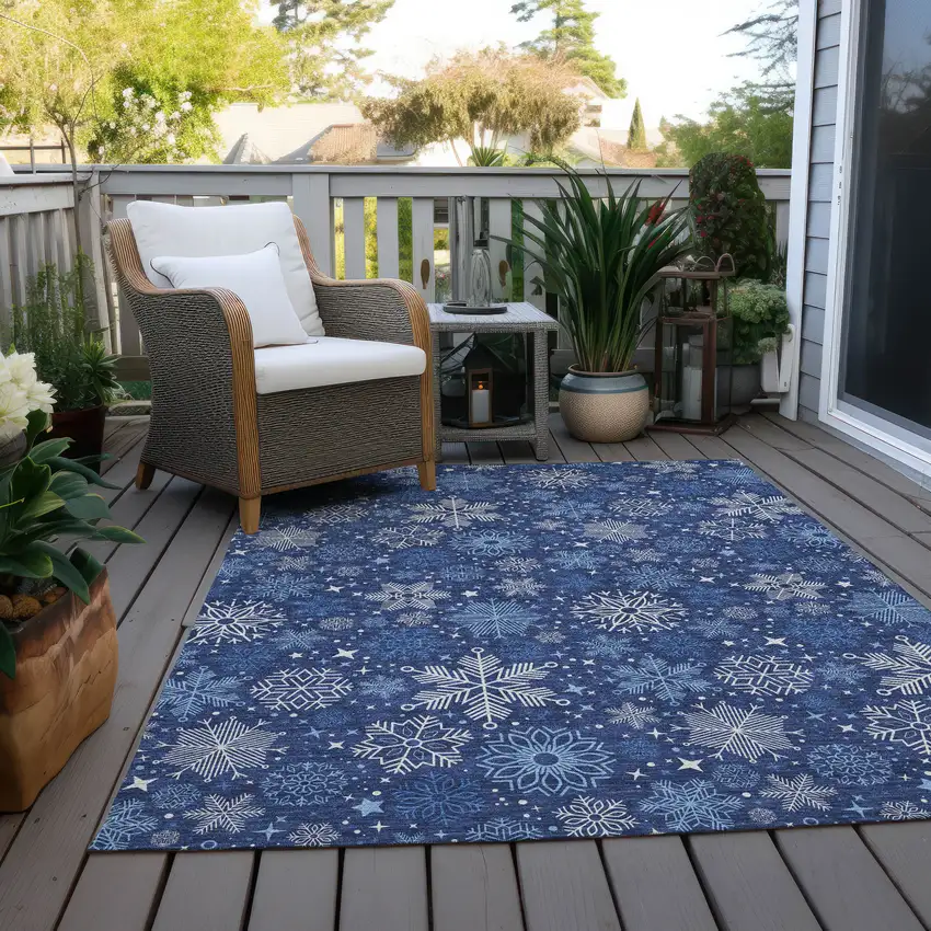 Navy Blue Ivory And Sky Blue Medallion Washable Indoor Outdoor Area Rug Photo 7