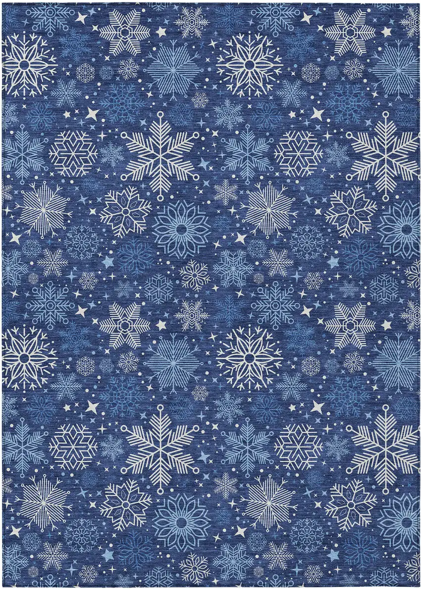 Navy Blue Ivory And Sky Blue Snowflake Washable Indoor Outdoor Area Rug Photo 2