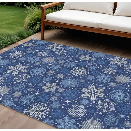 Navy Blue Ivory And Sky Blue Snowflake Washable Indoor Outdoor Area Rug Photo 1