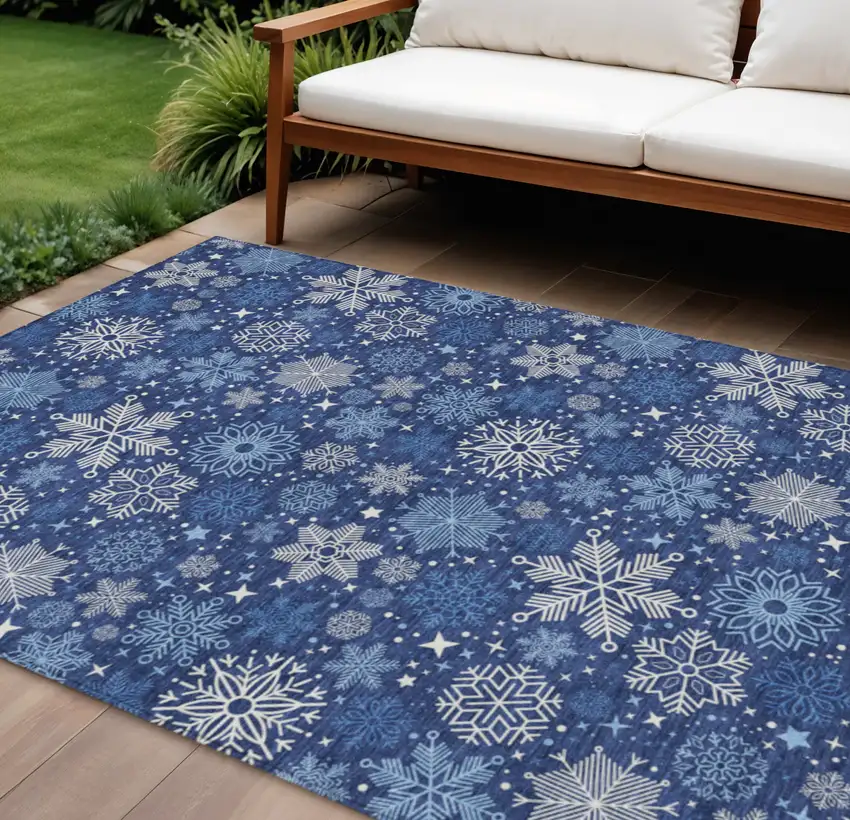 Navy Blue Ivory And Sky Blue Snowflake Washable Indoor Outdoor Area Rug Photo 1