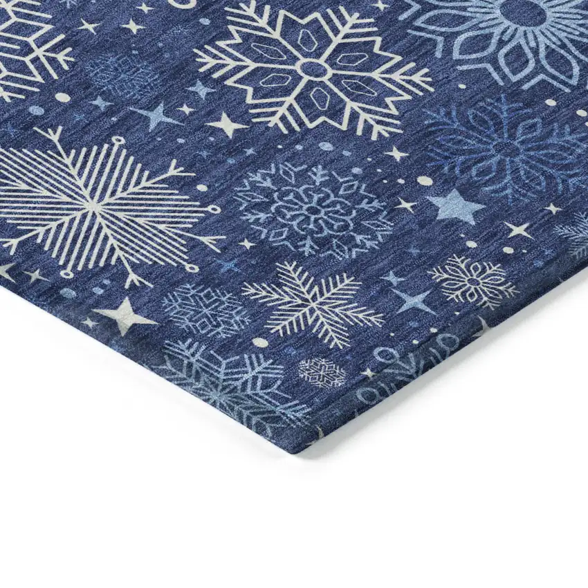 Navy Blue Ivory And Sky Blue Snowflake Washable Indoor Outdoor Area Rug Photo 6