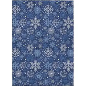 Photo of Navy Blue Ivory And Sky Blue Medallion Washable Indoor Outdoor Area Rug