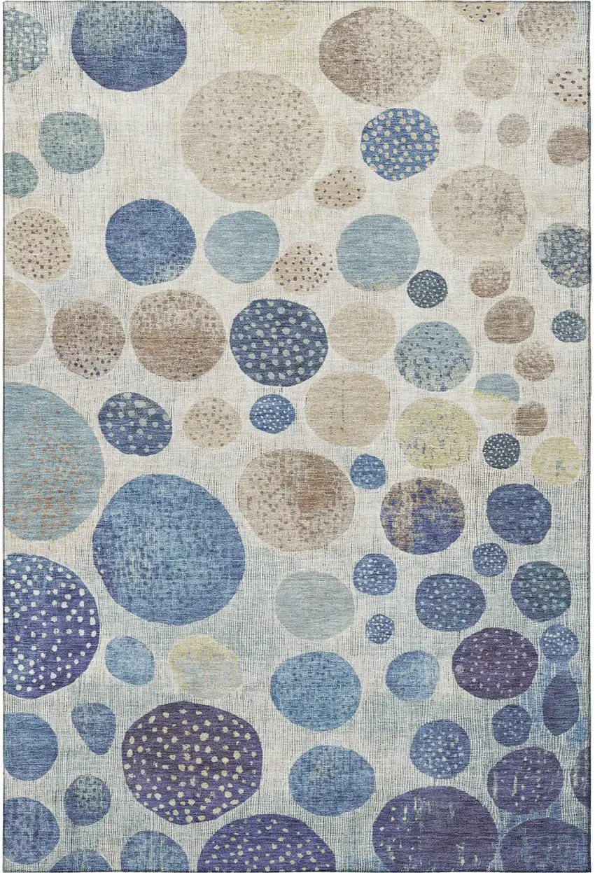 Navy Blue Ivory And Taupe Geometric Washable Area Rug With UV Protection Photo 4