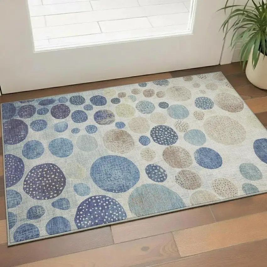 Navy Blue Ivory And Taupe Geometric Washable Area Rug With UV Protection Photo 2