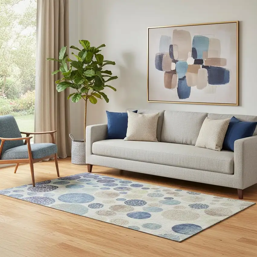 Navy Blue Ivory And Taupe Geometric Washable Area Rug With UV Protection Photo 2