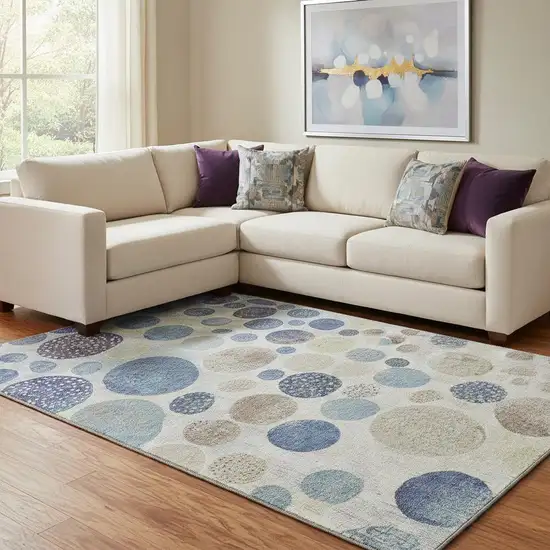 Navy Blue Ivory And Taupe Geometric Washable Area Rug With UV Protection Photo 2