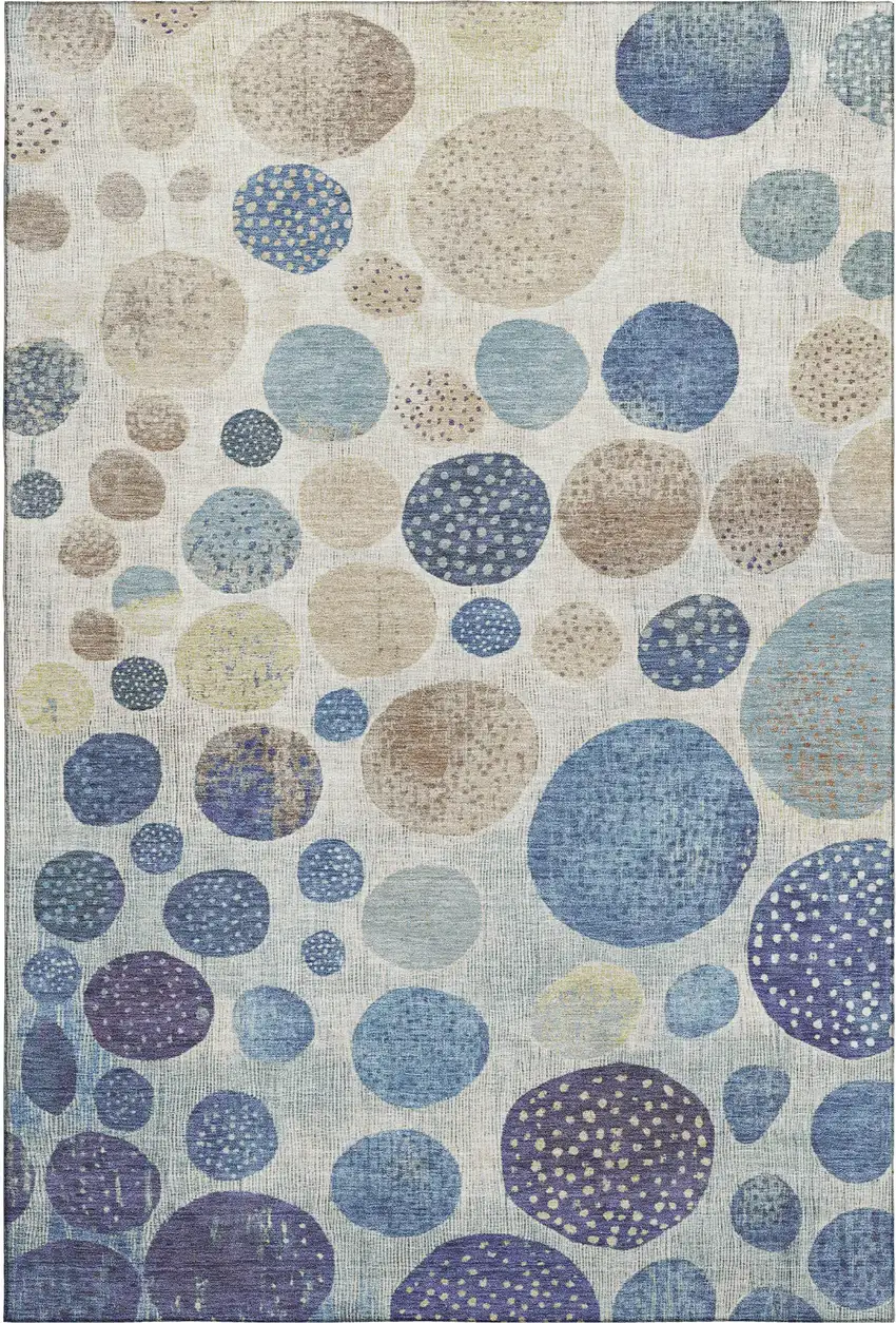 Navy Blue Ivory And Taupe Geometric Washable Area Rug With UV Protection Photo 1