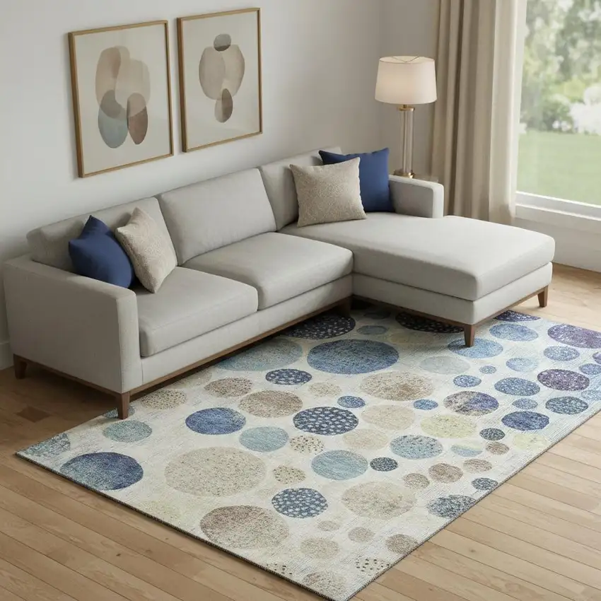 Navy Blue Ivory And Taupe Geometric Washable Area Rug With UV Protection Photo 2