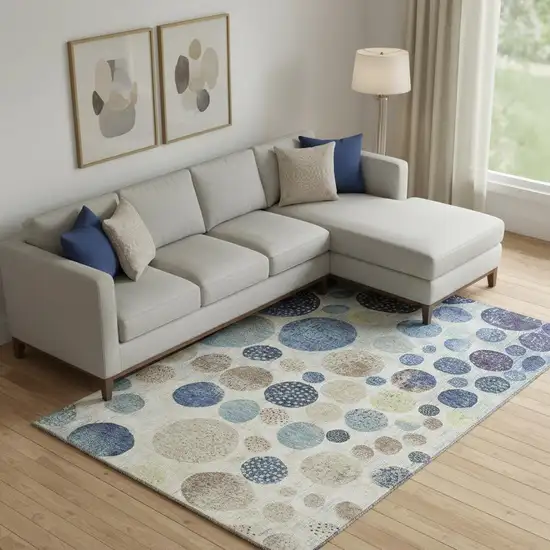 Navy Blue Ivory And Taupe Geometric Washable Area Rug With UV Protection Photo 2