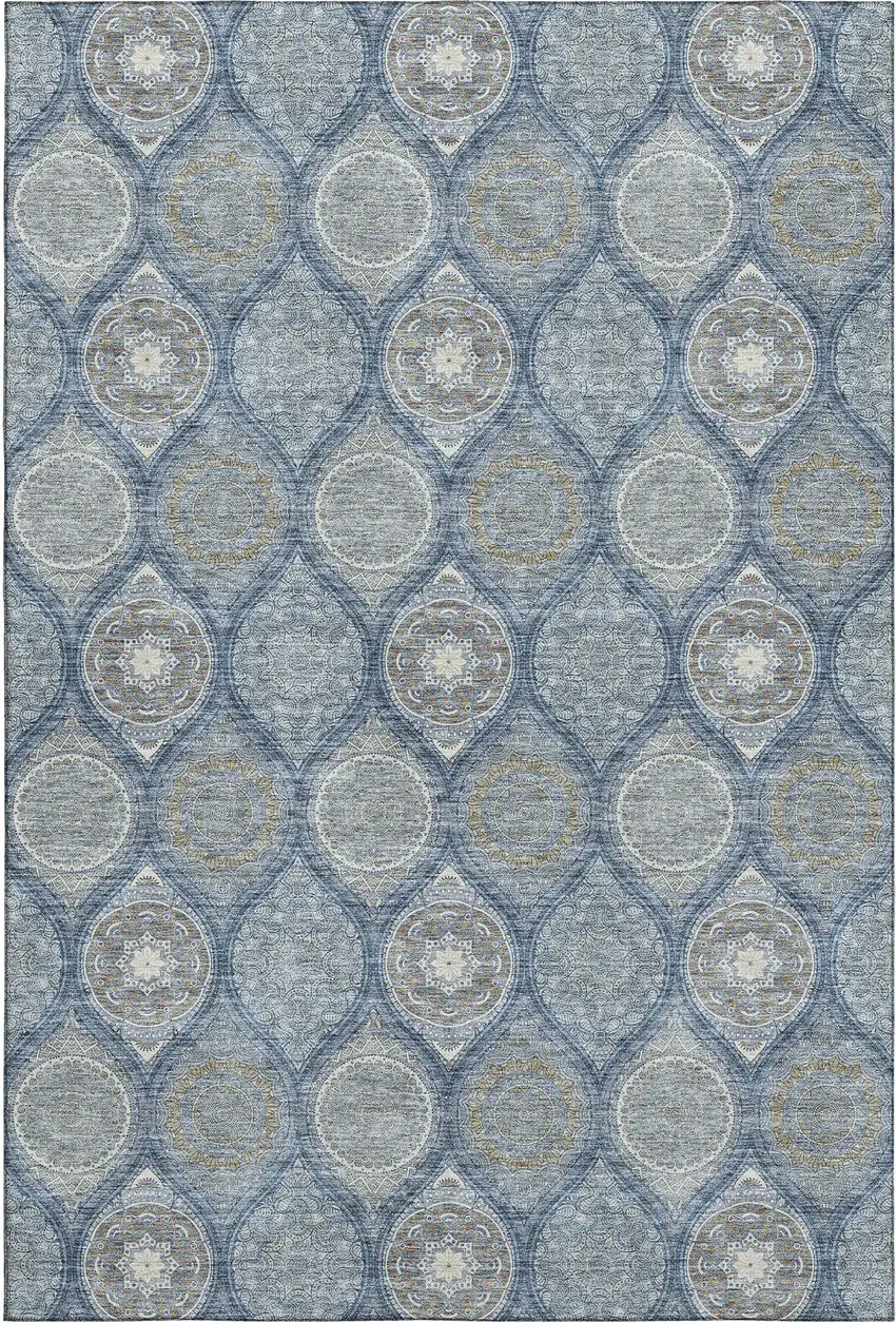 Navy Blue Ivory And Taupe Ogee Washable Area Rug With UV Protection Photo 1